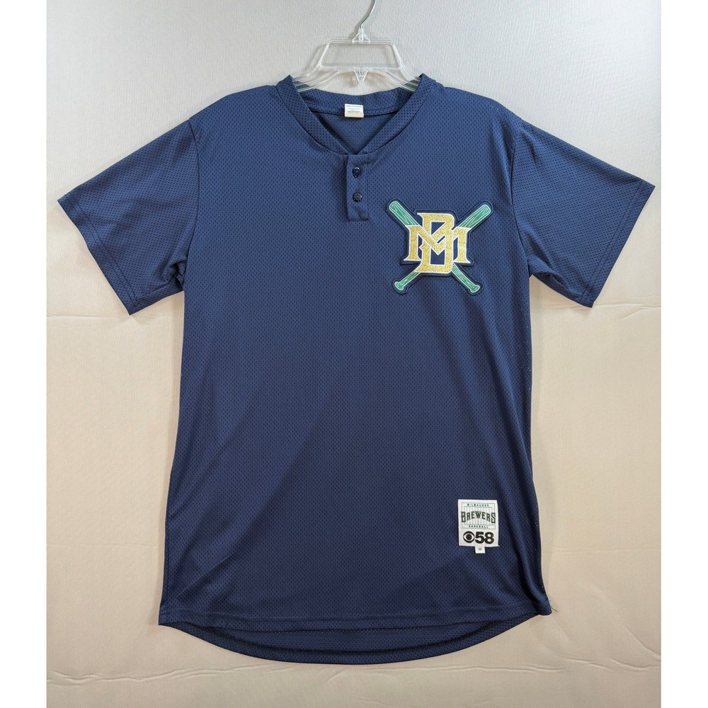 Milwaukee Brewers Baseball Jersey Navy Blue Mesh Henley Shirt BM Logo Mens M